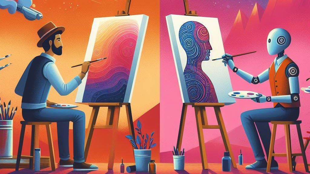 Artistas vs IA, un artista ilustrando conta un robot que personifica las IA también pintando